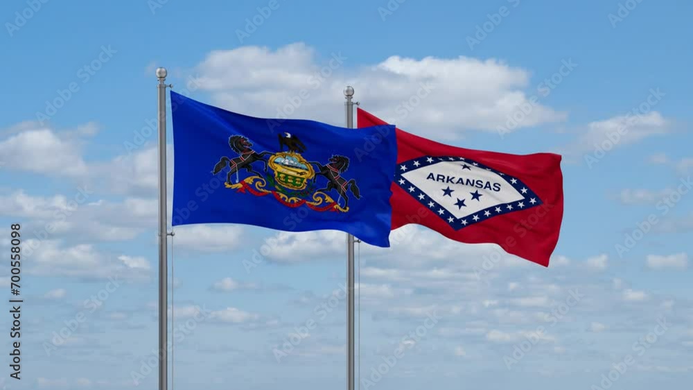 Arkansas and Pennsylvania US state flags waving together on cloudy sky, endless seamless loop Arkansas and Pennsylvania US state flags waving together on cloudy sky, endless seamless loop