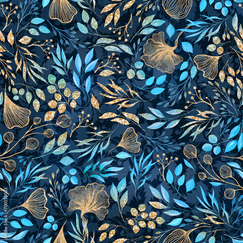 Festive Blue and Gold Glitter Elegant Watercolor Florals Seamless Pattern