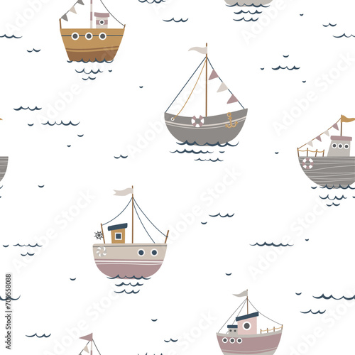 Seamless pattern with beautiful boats in a minimalist style. Ideal for printing on fabric, paper and children's cards.