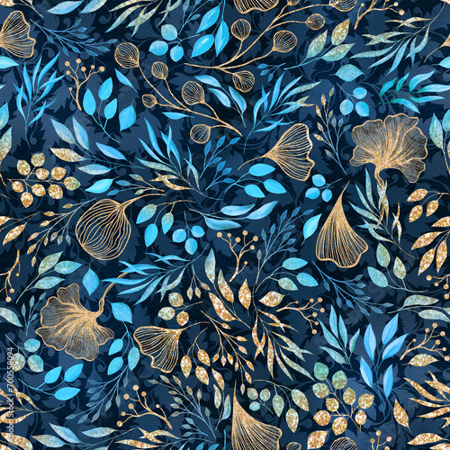 Festive Blue and Gold Glitter Elegant Watercolor Florals Seamless Pattern