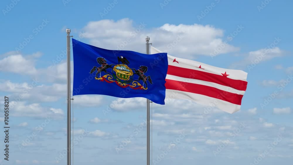District of Columbia or Washington D.C. and Pennsylvania US state flags waving together on cloudy sky, endless seamless loop District of Columbia or Washington D.C. and Pennsylvania US state flags waving together on cloudy sky, endless seamless loop
