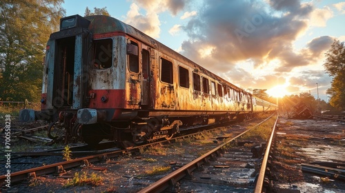 Old abandoned train on the railroad at sunset in the rays of the setting sun.