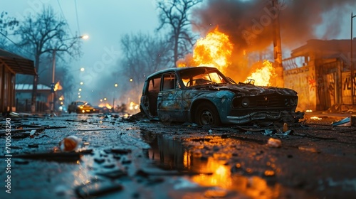 Burning car in the city at night.