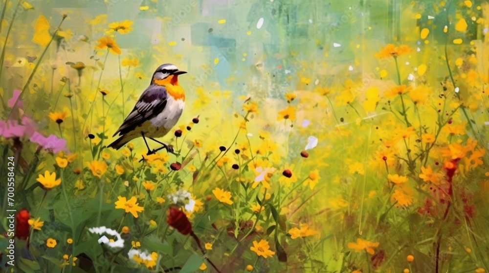 A painting of a long-beaked bird in a field of flower Ai Generative