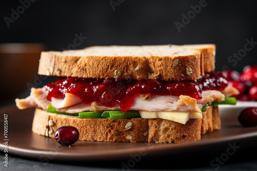 An elegant turkey and cranberry sandwich. (Generative AI)