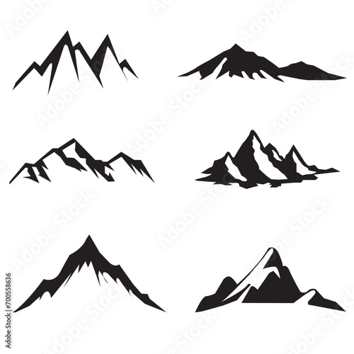 Mountain peak silhouettes. Black hills, top rocks. Mountains symbols, extreme sport hiking climbing travel or adventures. Isolated geology landscape elements set