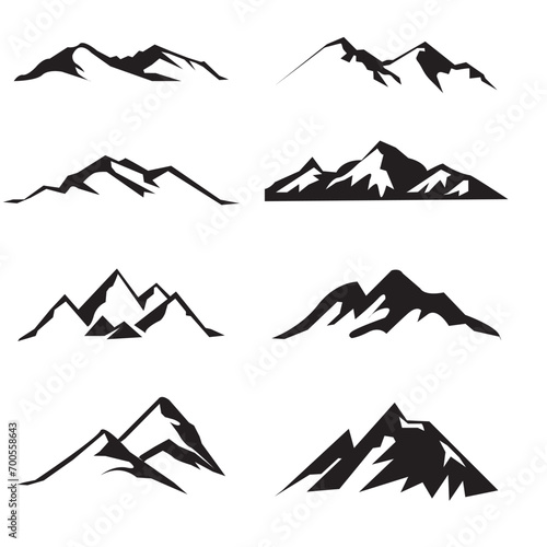 Mountain peak silhouettes. Black hills, top rocks. Mountains symbols, extreme sport hiking climbing travel or adventures. Isolated geology landscape elements set