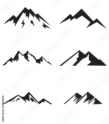 Mountain peak silhouettes. Black hills, top rocks. Mountains symbols, extreme sport hiking climbing travel or adventures. Isolated geology landscape elements set
