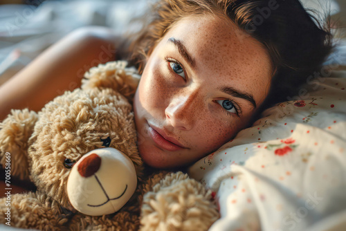 young woman in love with a teddybear
