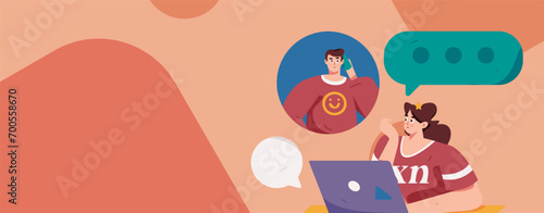 Virtual characters social communication concept business flat vector hand drawn illustration
