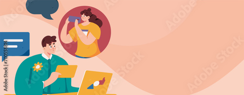 Virtual characters social communication concept business flat vector hand drawn illustration
