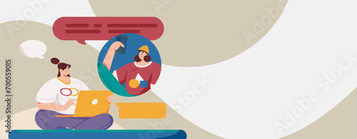 Virtual characters social communication concept business flat vector hand drawn illustration
