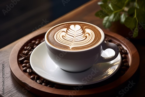 Close up white coffee cup with heart shape latte art foam