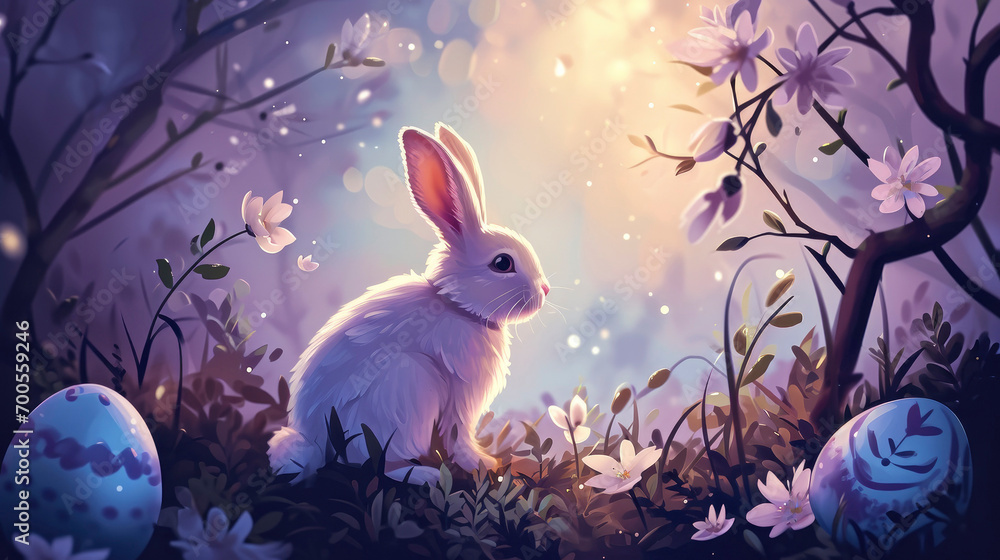 Obraz premium atmospheric illustration of a rabbit and eggs in the forest