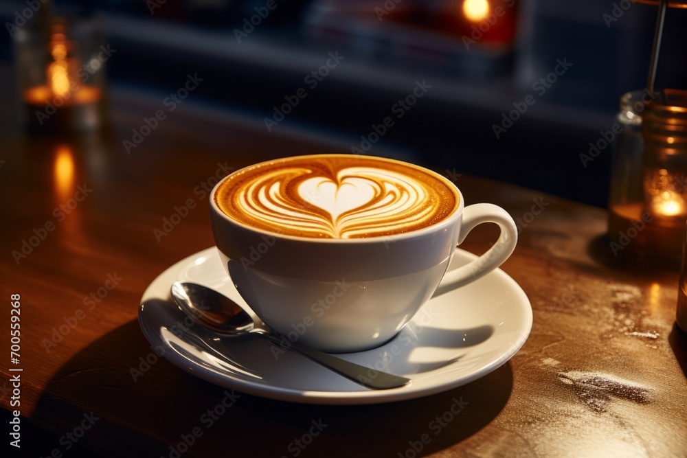 Close up white coffee cup with heart shape latte art foam