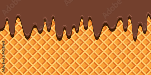 Wafer pattern with dripping drops of molten liquid chocolate. Realistic wafer background. Ice cream cone texture. Vector illustration