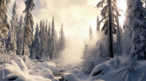 Snow covered trees and mist at Steamboat Geyser Ai Generative