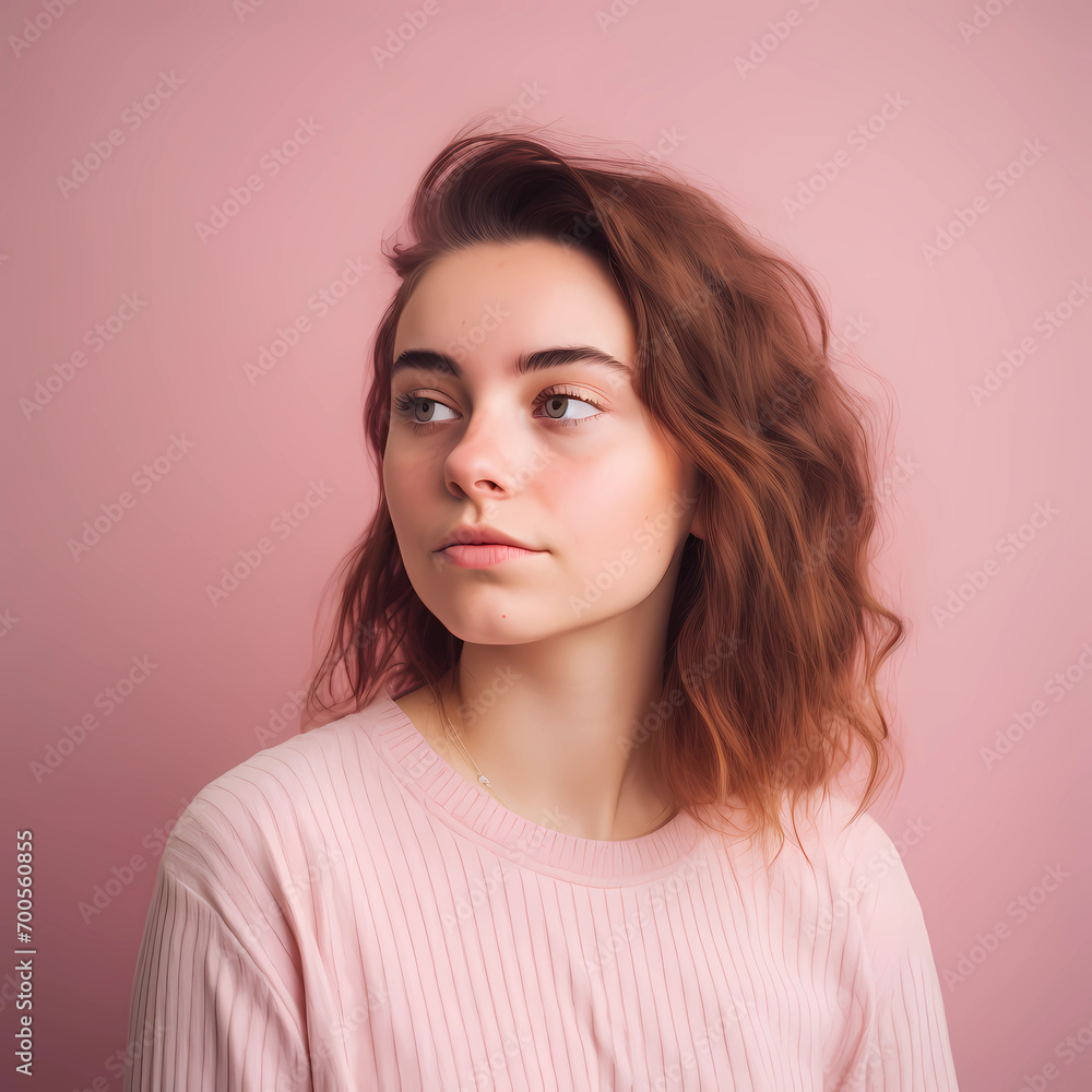 Fototapeta premium portrait of a woman, Authentic portrait of a confident young woman embracing her natural beauty and individuality on pink background 