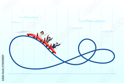 People investors riding roller coaster on fluctuated market chart, investment volatility metaphor of riding roller coaster, financial stock market fluctuation rising up and falling down (Vector) photo