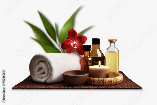 Day spa set including essential and massage oils  candle and towel  isolated on white background