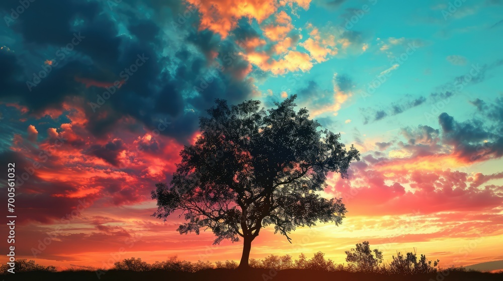 Silhouette of a Tree: A lone tree against a colorful sky, at sunrise or sunset, symbolizing peace and nature. 