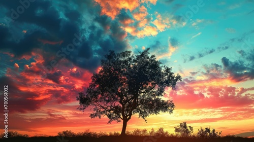 Silhouette of a Tree: A lone tree against a colorful sky, at sunrise or sunset, symbolizing peace and nature. 