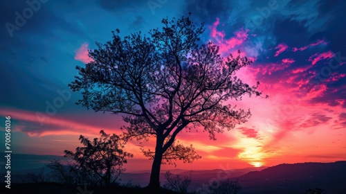 Silhouette of a Tree: A lone tree against a colorful sky, at sunrise or sunset, symbolizing peace and nature. 