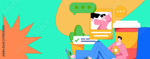 Virtual characters social communication concept business flat vector hand drawn illustration
