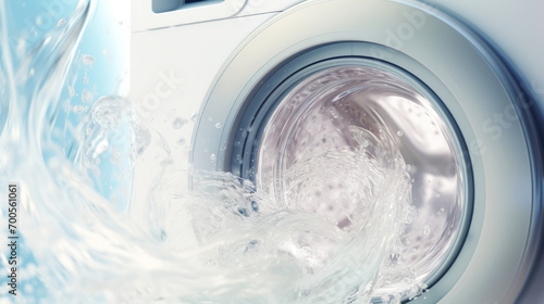 Washing machine drum with water, closeup. Water splash with neon light. Generative AI