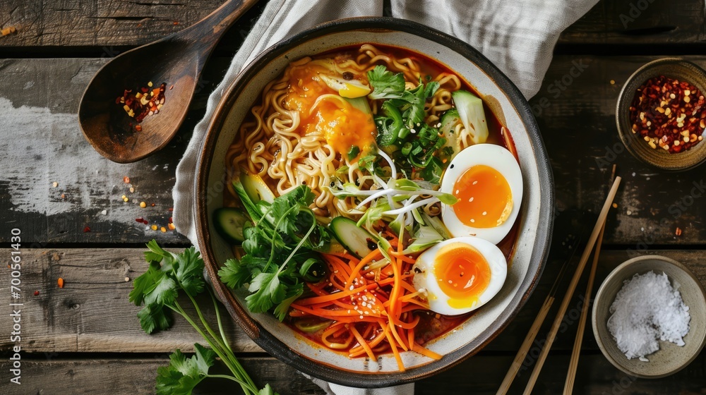 Naklejka premium Spicy Ramen Bowl: An aromatic ramen bowl with noodles, broth, vegetables, and a soft-boiled egg