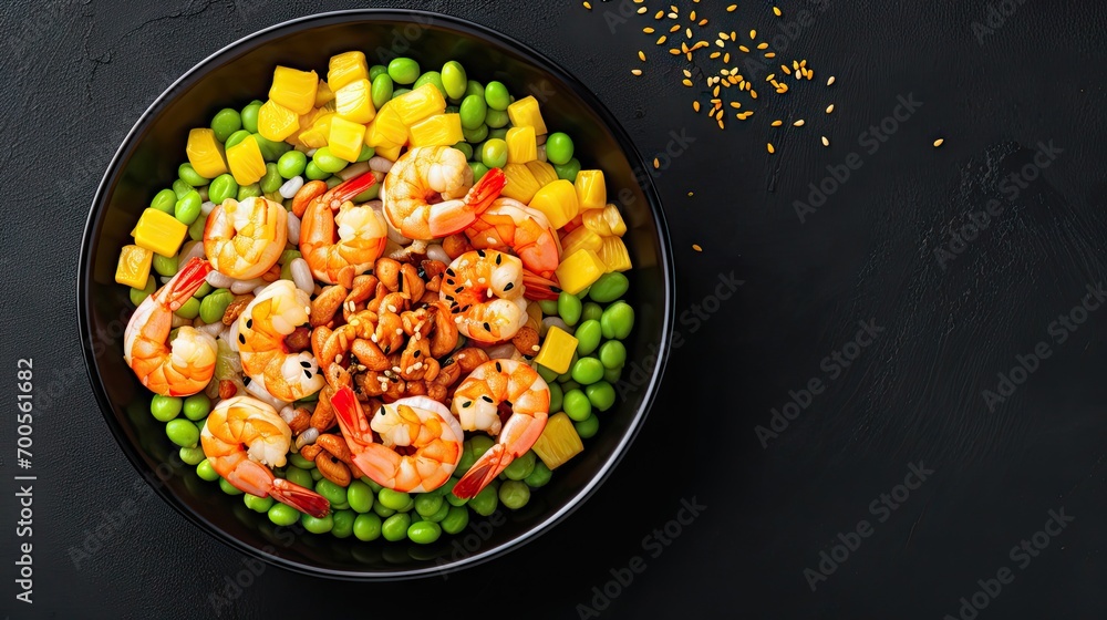 Shrimp poke. View from above. black background.