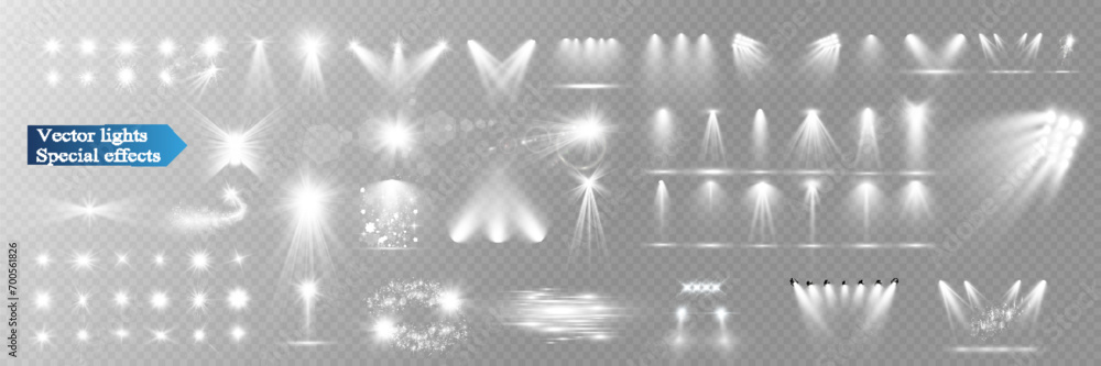 Set of light spotlight effects.Lens flare, explosion,sparkle, dust,line,solar flare, spark and stars.
 - obrazy, fototapety, plakaty 