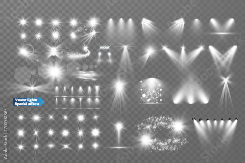 Set of light spotlight effects.Lens flare, explosion,sparkle, dust,line,solar flare, spark and stars.

