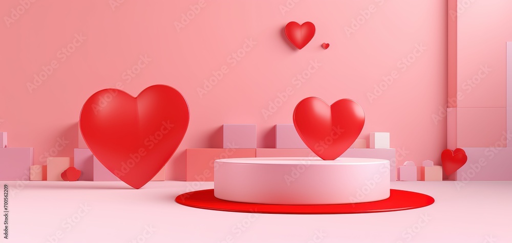 Love red heart with podium background. Pink background. clean. Love red heart with podium background. Pink background. clean.