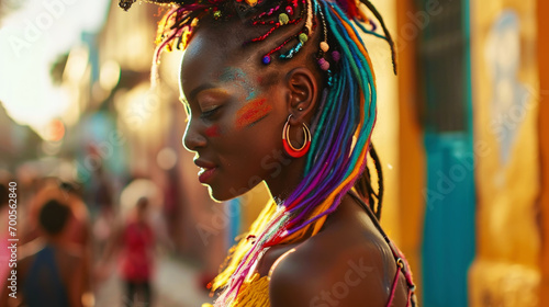 Energetic cool African woman with colourful dreadlocks dancing on the street. Holi Diwali celebration. Generative AI