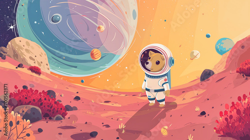 Space background for kids with planets and stars and pet dog astronaut, cartoon illustration