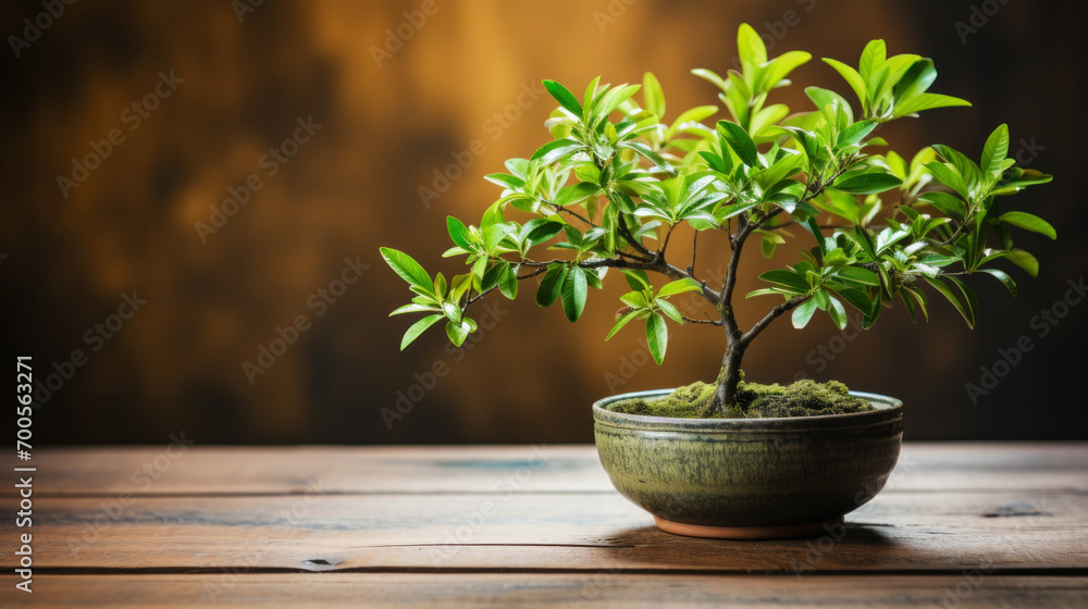 Small bonsai tree in a dark pot on green natural background with sun shine. Generative AI Small bonsai tree in a dark pot on green natural background with sun shine. Generative AI