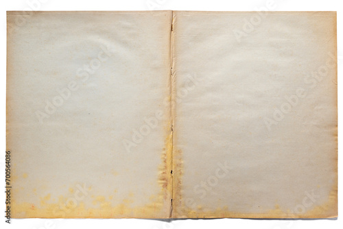 Blank, stained, antique paper double page.Isolated on transparent background.