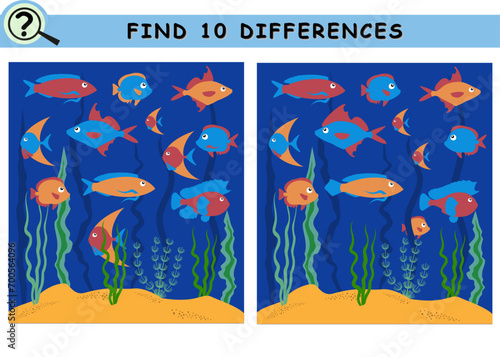 Find 10 differences. Underwater with fish, stones, sea plant, sand. Educational logical game for children. Vector illustration.