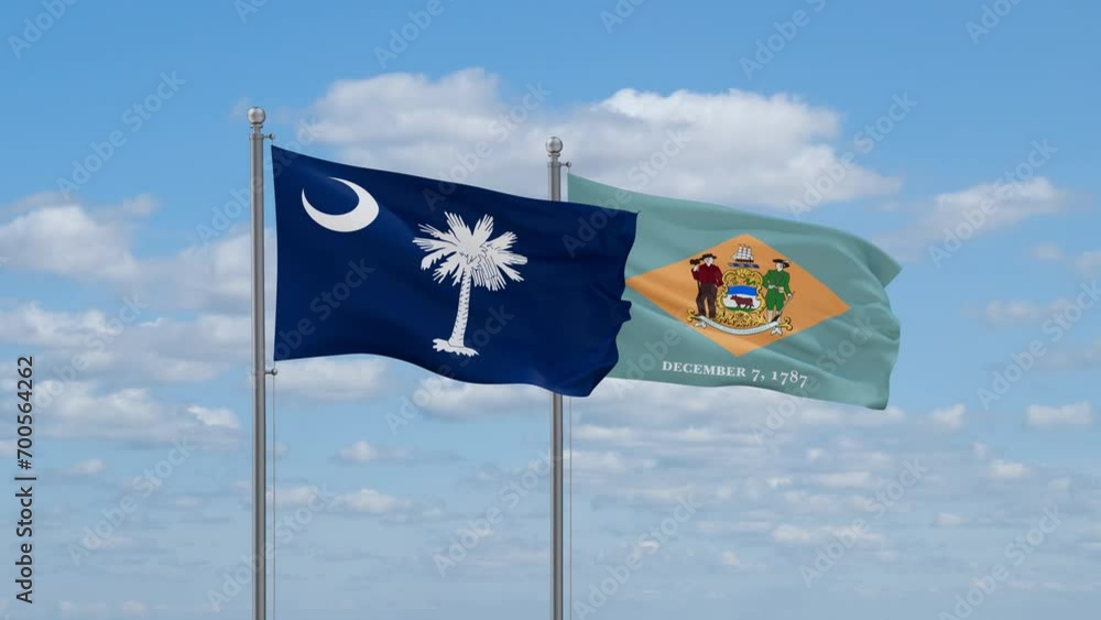 Delaware and South Carolina US state flags waving together on cloudy sky, endless seamless loop Delaware and South Carolina US state flags waving together on cloudy sky, endless seamless loop