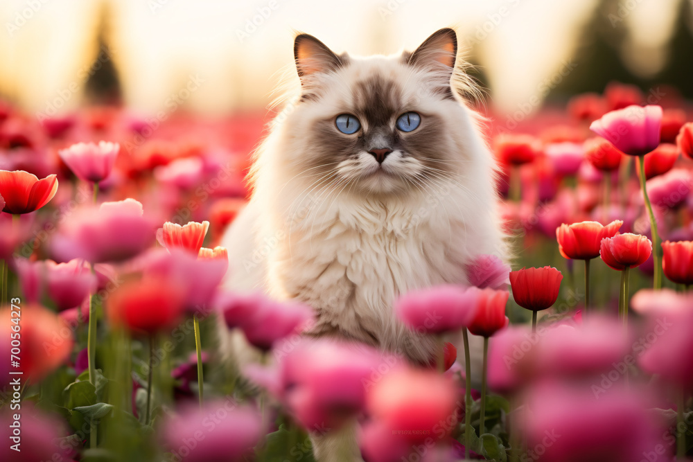 Ragdoll cat in field of pink and red tulip spring flowers Ragdoll cat in field of pink and red tulip spring flowers