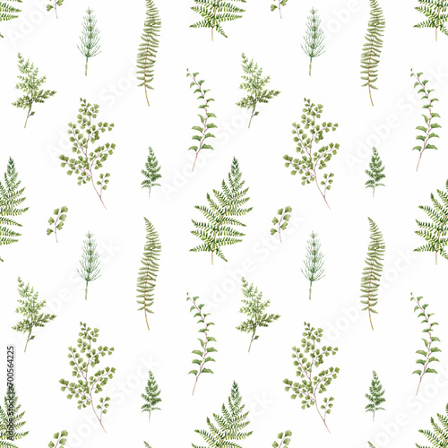 Beautiful seamless pattern with watercolor hand drawn forest plant leaves and flowers. Popular stock design. Textile print.