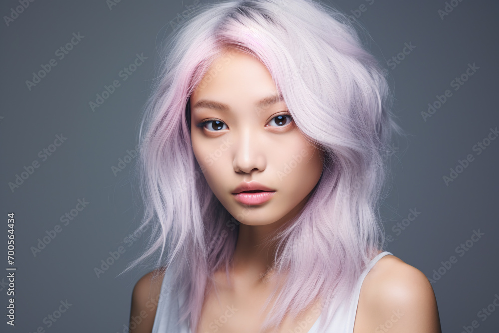 Portrait of attractive young Asian woman with light pastel violet hair in front of gray studio background
