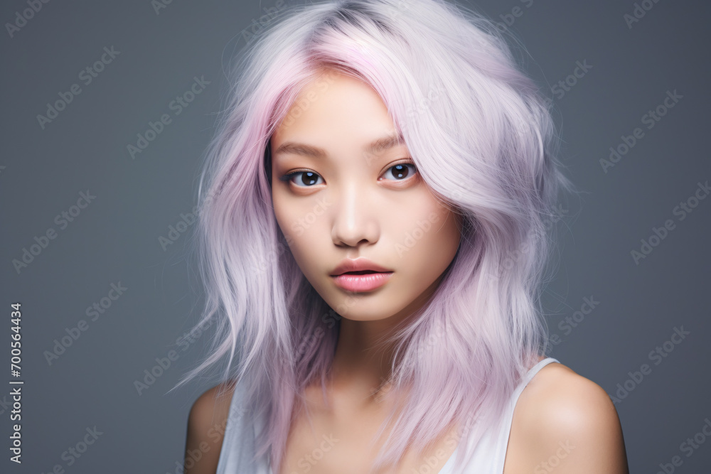 Portrait of attractive young Asian woman with light pastel violet hair in front of gray studio background Portrait of attractive young Asian woman with light pastel violet hair in front of gray studio background