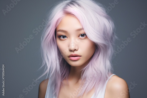 Portrait of attractive young Asian woman with light pastel violet hair in front of gray studio background