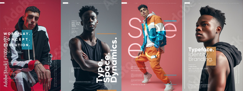 Contemporary fashion poster series featuring male models and dynamic typography.