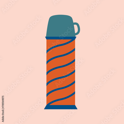Vector illustration of thermos. Thermo reusable mug, bottle for water, drinks. Equipment for kitchen, picnic, travel, vacation. Cute cartoon minimalistic clip art. Sticker in flat style.