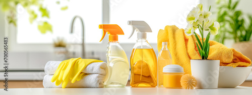 cleaning supplies neatly arranged on countertop in bright home interior, including spray bottles, cleaning liquids, gloves, towels, and a potted plant, conveying a sense of freshness and cleanliness photo