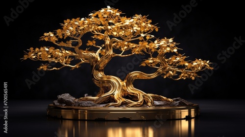 a shiny golden bonsai tree on a black background