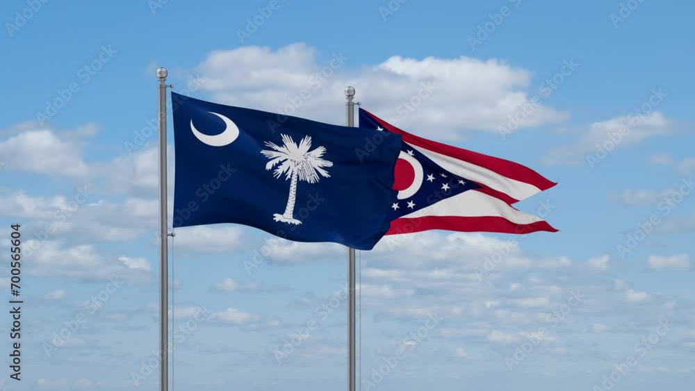 Ohio and South Carolina US state flags waving together on cloudy sky, endless seamless loop Ohio and South Carolina US state flags waving together on cloudy sky, endless seamless loop